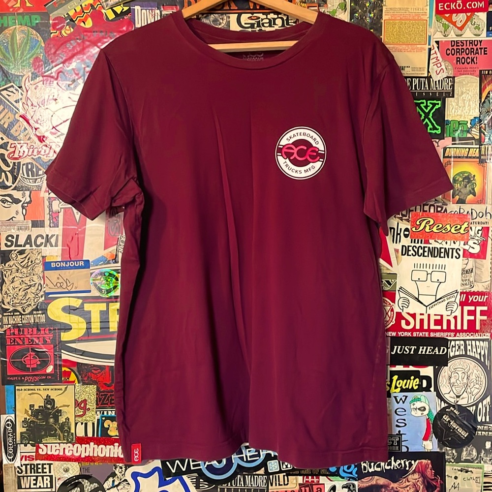 Ace Trucks skate t-shirt in burgundy with white/red front and back logo; XL